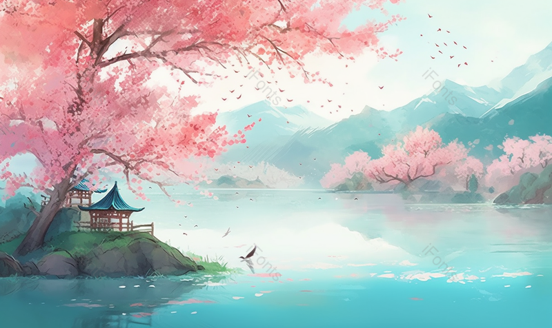 桃林湖面亭子唯美横版背景,插画/手绘图,插画/手绘图库,插画/手绘图下载,插画/手绘